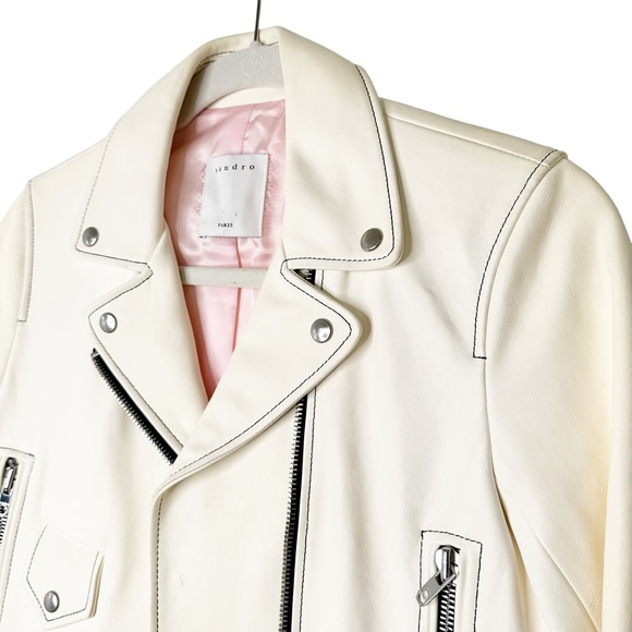 Sandro Edwin White Sheep Leather Cropped Motorcycle Jacket A1A Moto Size Small/6 - Picture 10 of 15